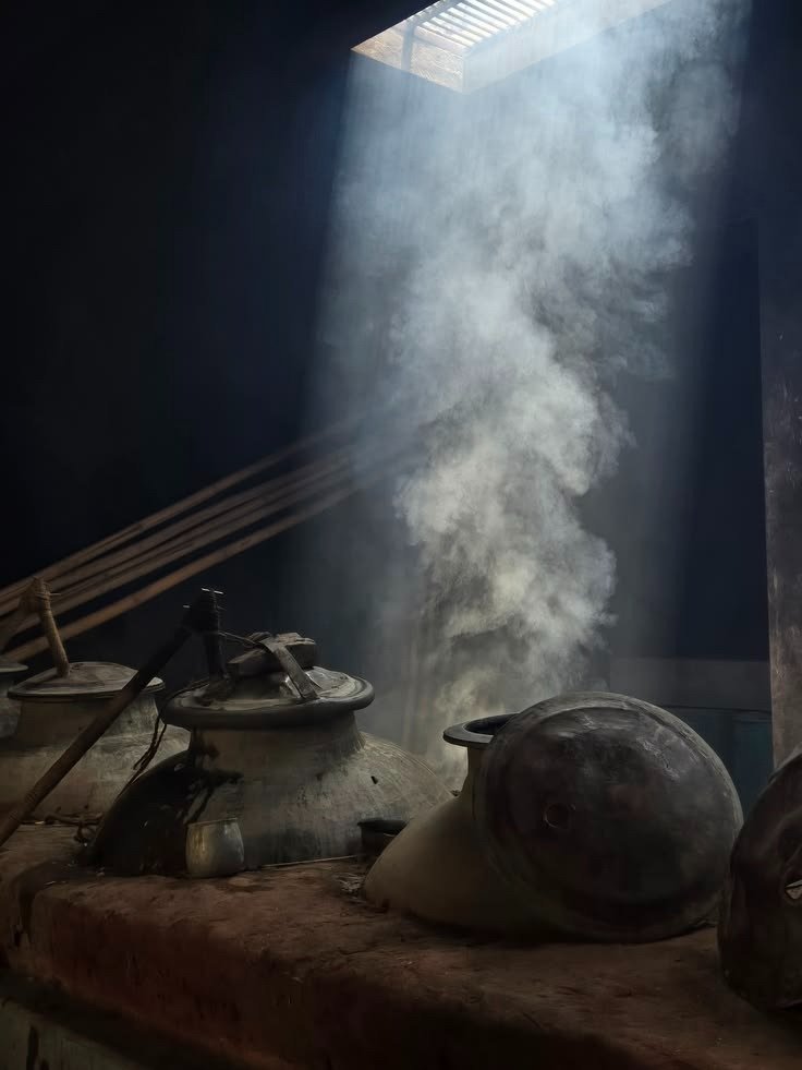 Aromatic steam rising through sunbeam from clay-sealed copper deg