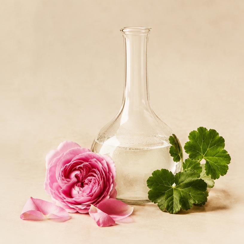 Damascena rose and geranium botanical blossoms
